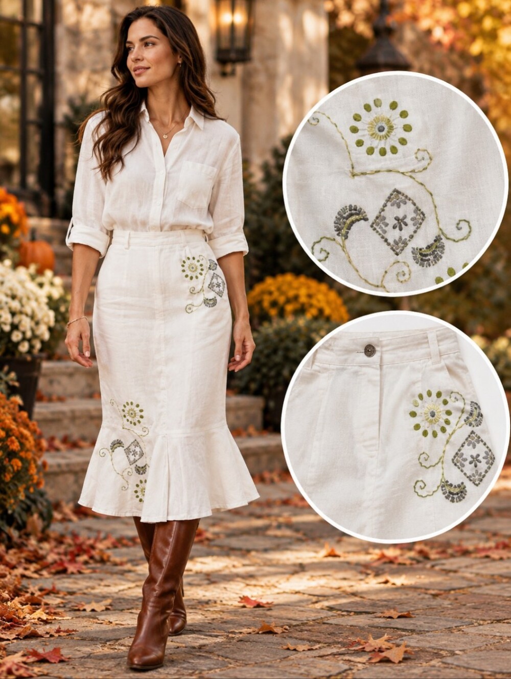 Ashro White Embroidered Beaded Midi Skirt Tulip Flounce Hem Boho Sz 14